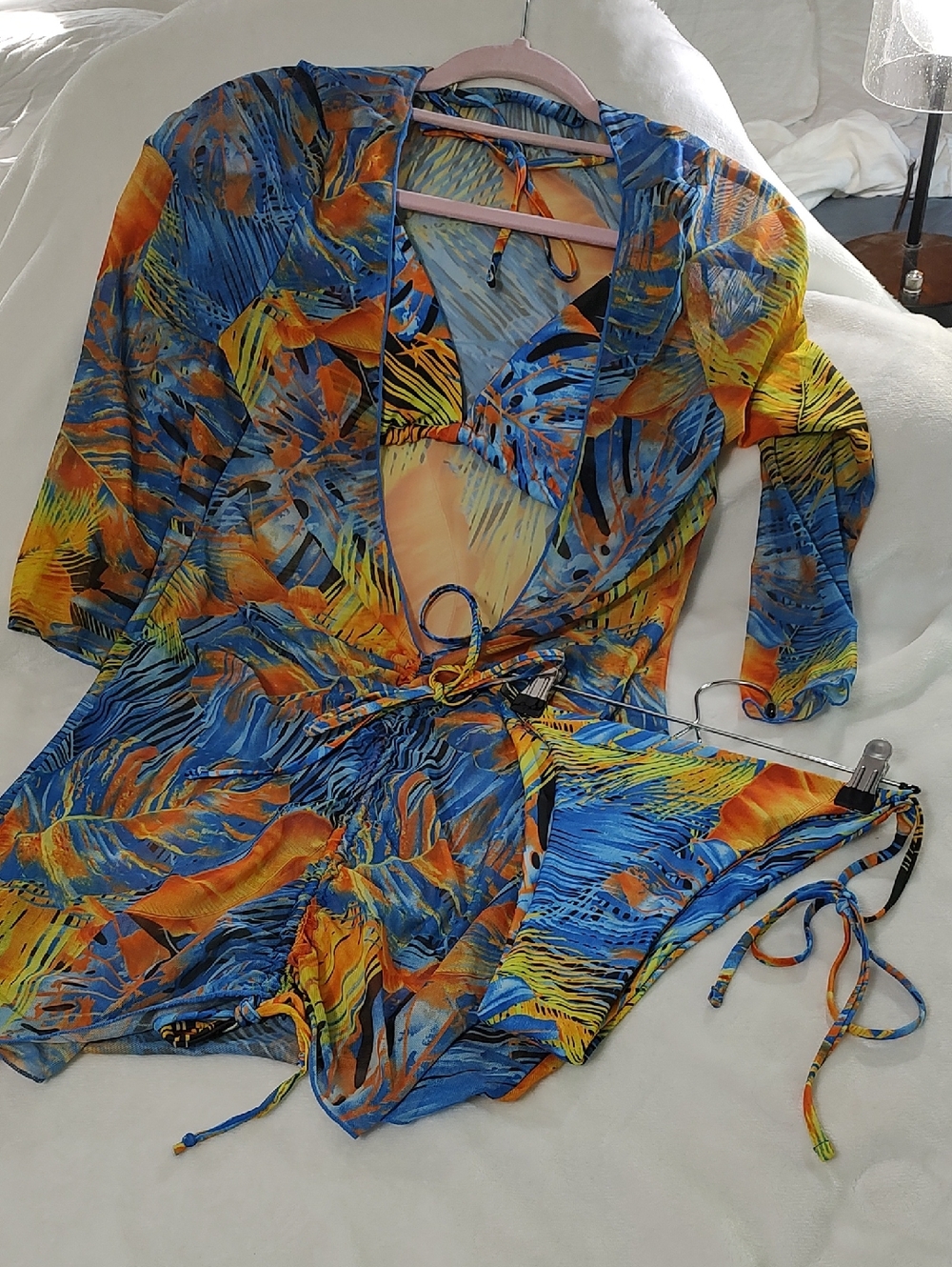 SHEIN Blue and Orange Tropical Print Bikini Set with Cover-Up